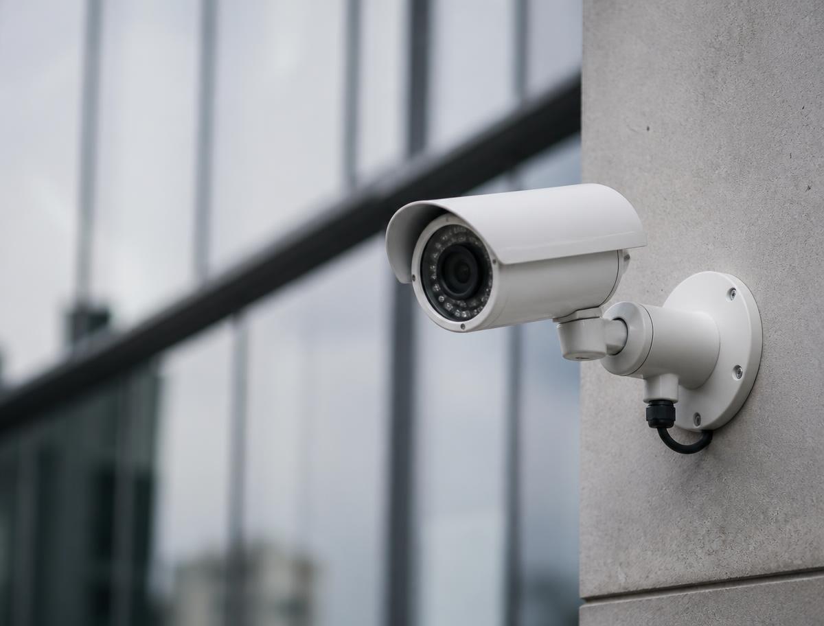 Cámara IP de videovigilancia instalada en la fachada de un edificio corporativo